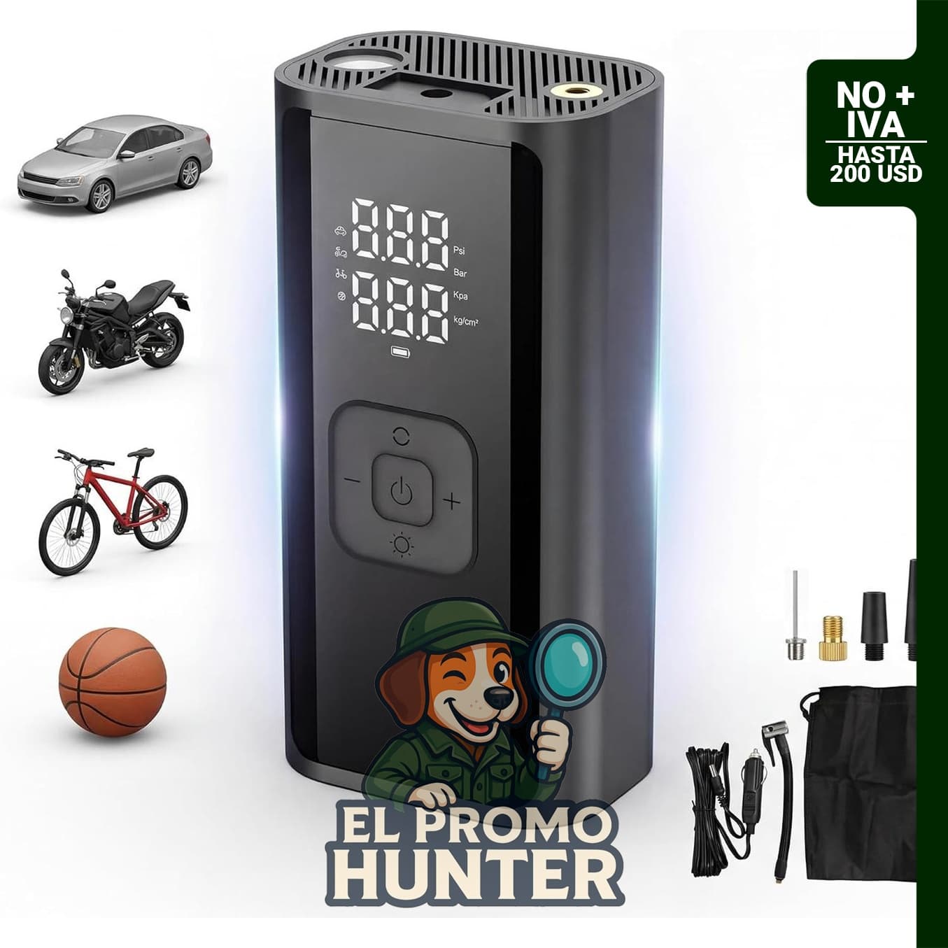 Inflador de neumáticos portátil 150 PSI 12V CC con apagado automático y pantalla digital.