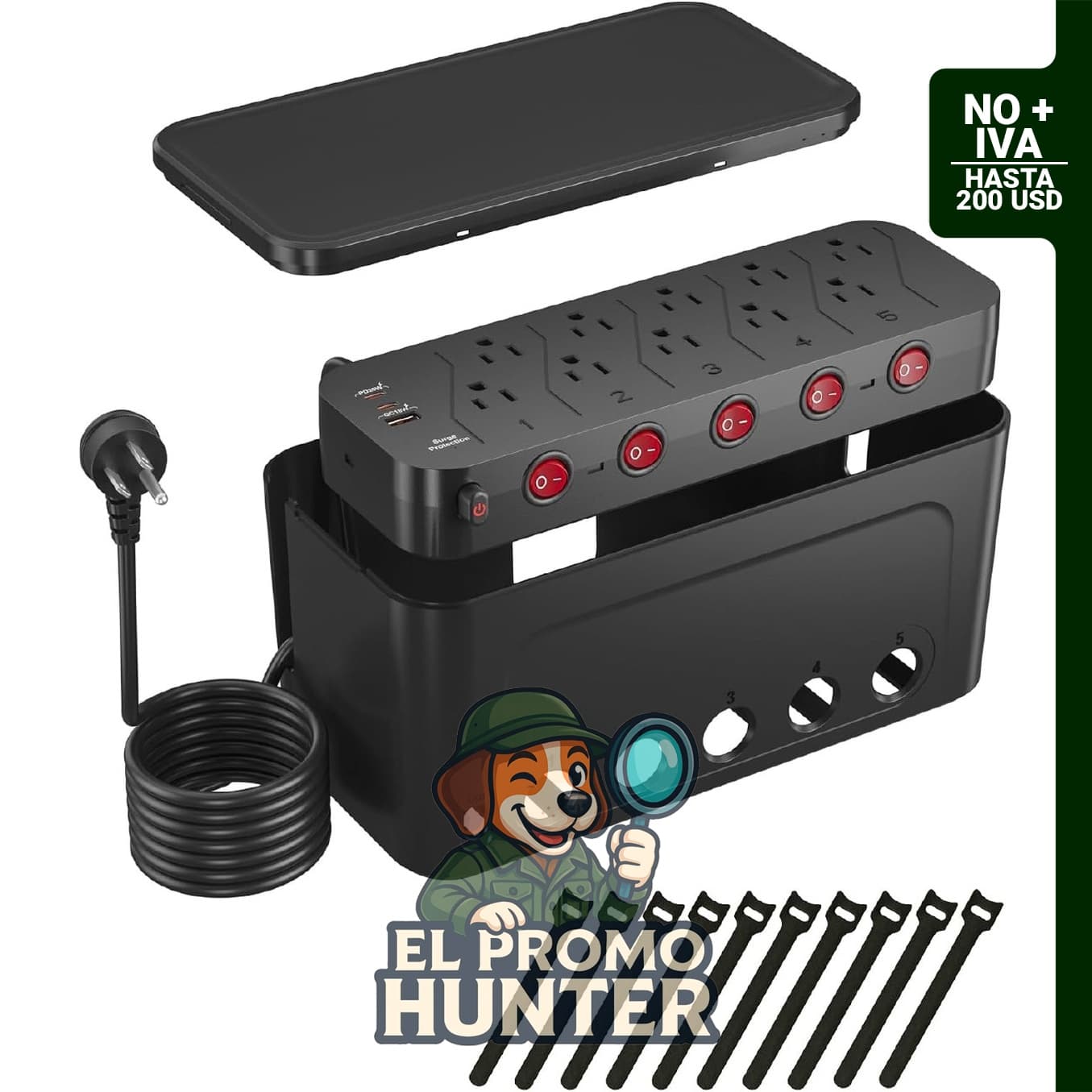 Regleta de alimentación HoniHom con 10 puertos de CA y 3 USB, incluye cable de extensión plano de 6 pies.