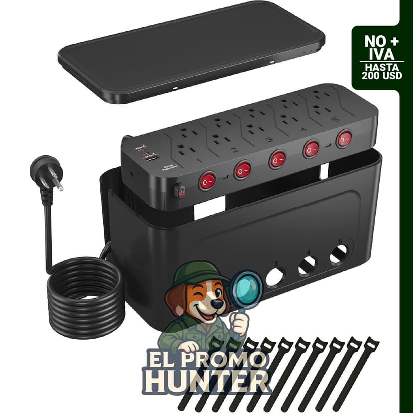 Regleta de alimentación HoniHom con 10 puertos de CA y 3 USB, incluye cable de extensión plano de 6 pies.