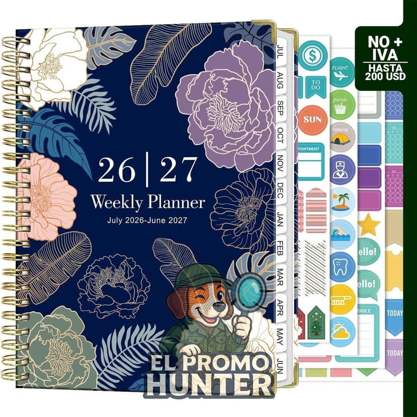 Planificador Académico 2026-2027, A5, semanal y mensual, diseño floral en tonos azul marino.