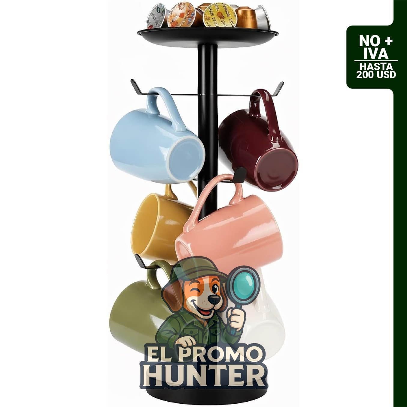 Árbol para tazas de café, soporte para 6 tazas con bandeja para teléfono, pañuelos o cápsulas en color negro.