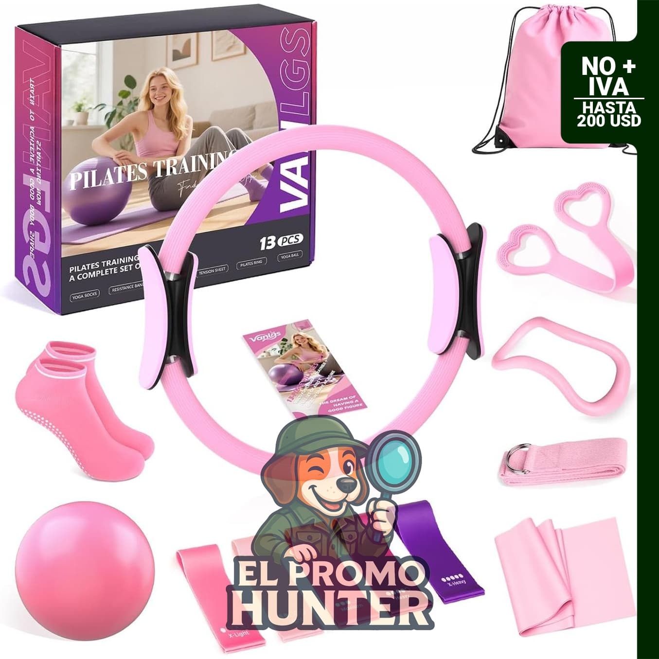 Kit de pilates de 13 piezas con anillo de 33 cm, bola de 25 cm y bandas de resistencia.