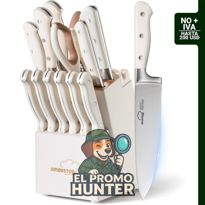Juego de cuchillos de cocina con bloque y afilador, 14 cuchillos de espiga completa en acero inoxidable alemán.