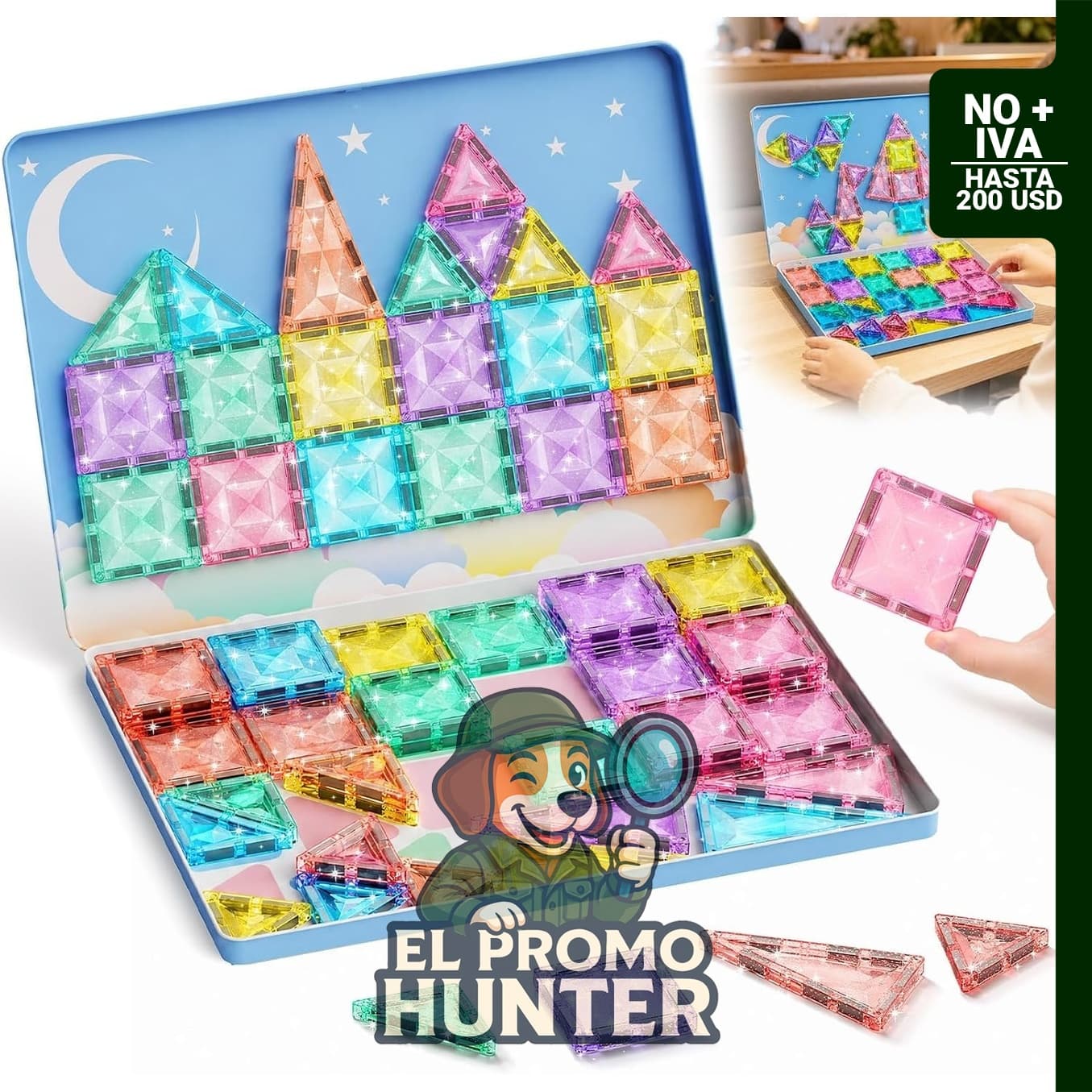 Azulejos magnéticos con purpurina de princesa rosa para construir un castillo de caramelo de diamante.