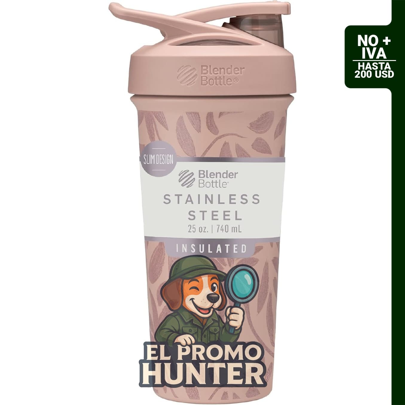 BlenderBottle Sport Sleek, botella agitadora de acero inoxidable de 25 oz (739 ml), diseño floral.