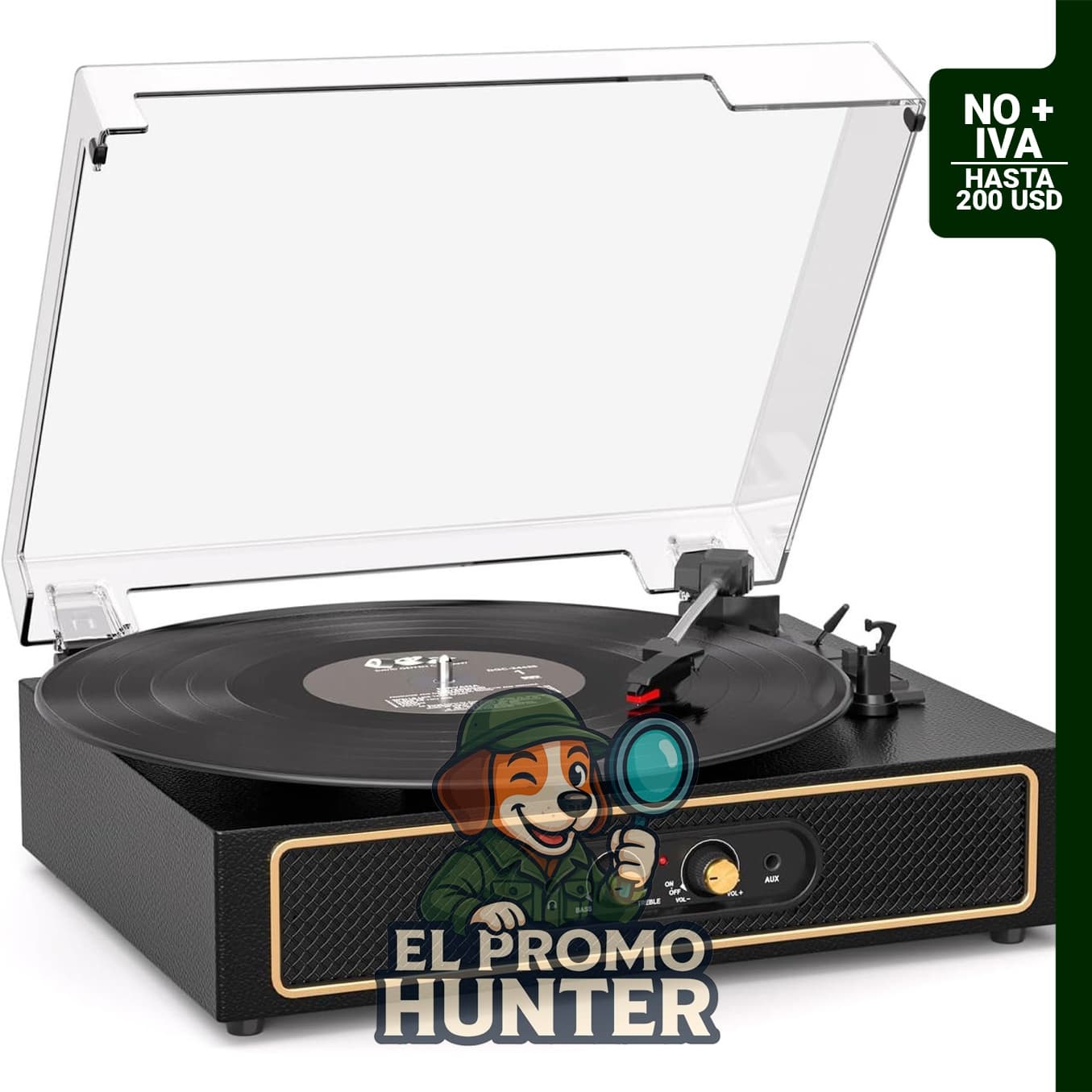 Tocadiscos de vinilo retro compacto de 3 velocidades con transmisión por correa y entrada Bluetooth.