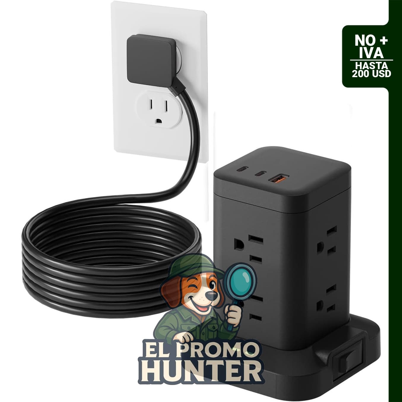 Torre de regleta de alimentación con 8 salidas de CA y 2 puertos USB-C PD20W, 5 pies de longitud.