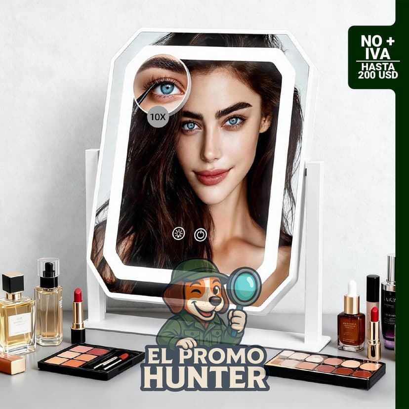 Espejo de maquillaje iluminado con 3 colores y ajuste táctil de brillo, incluye espejo de aumento 10x, 12 x 10 pulgadas.