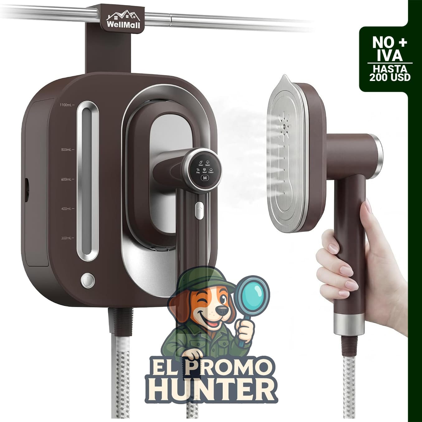Vaporizador 2 en 1 para ropa de 1550 W con tanque desmontable de 1,1 L y calentamiento en 30 segundos.