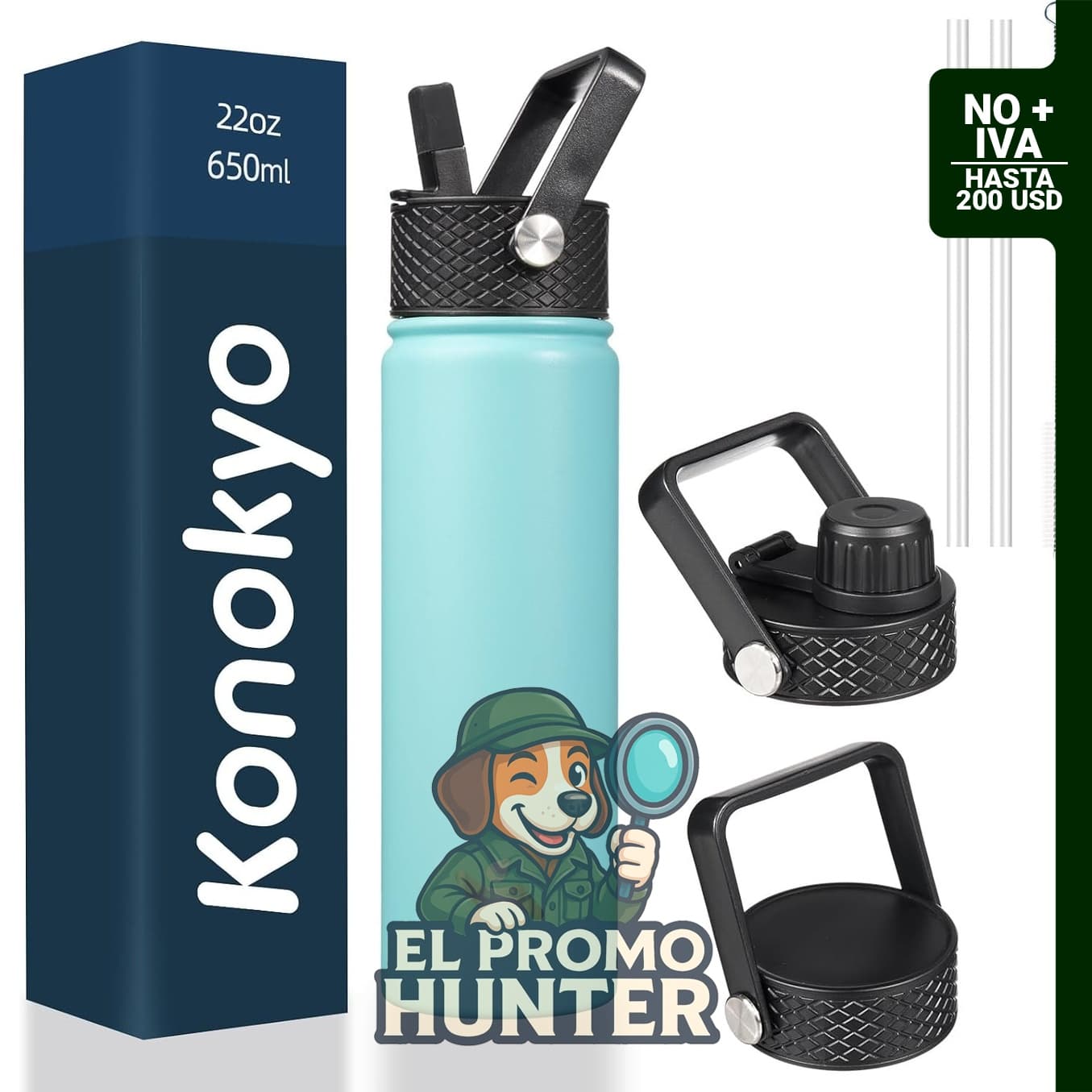 Konokyo Botella de agua aislada de acero inoxidable de 22 oz (650 ml) con tapa y popote