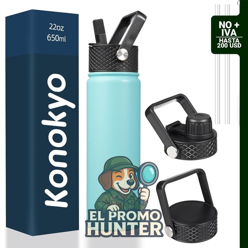 Konokyo Botella de agua aislada de acero inoxidable de 22 oz (650 ml) con tapa y popote