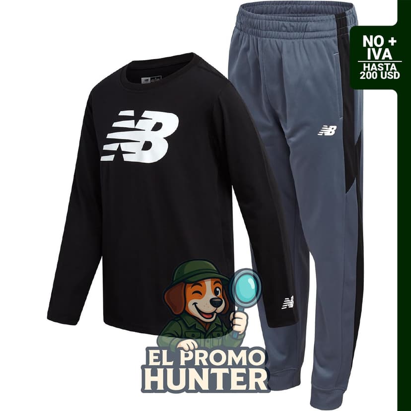 New Balance conjunto de jogger para niño, incluye camiseta gráfica de manga larga y pantalones jogger de tricot.
