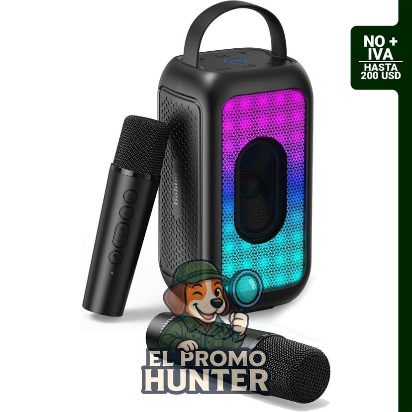 Bobtot Altavoz Bluetooth portátil con 2 micrófonos inalámbricos, color negro.