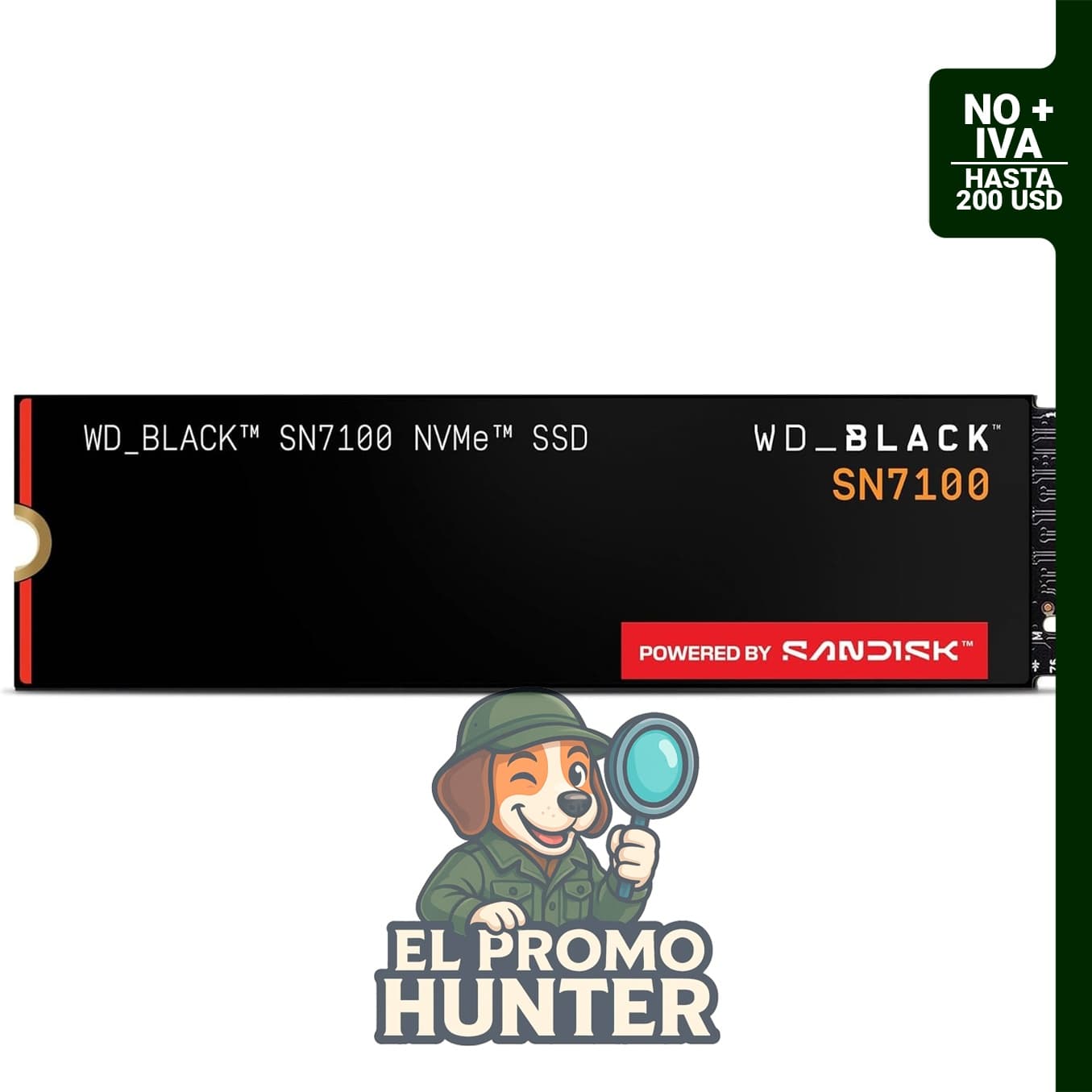 WD_Black SN7100 SSD NVMe de 1 TB, M.2 2280, Gen4 PCIe, velocidad de lectura hasta 7,250 MB/s, escritura hasta 6,900 MB/s.