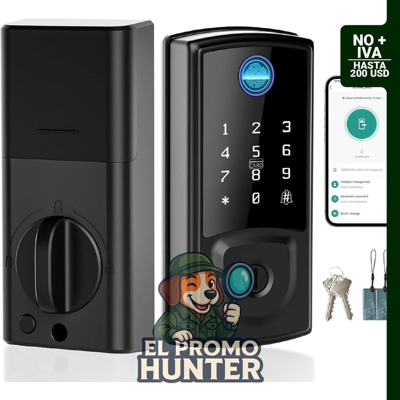 Cerradura de puerta inteligente con control remoto y acceso mediante aplicación móvil.