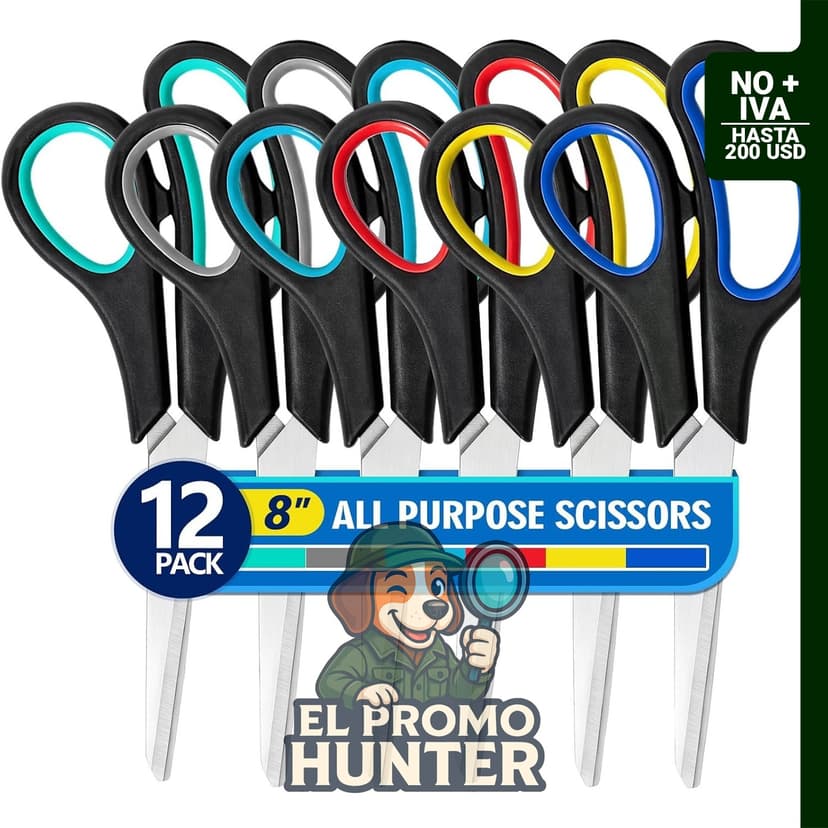 Pack de 12 tijeras de acero inoxidable de 20,3 cm (8 pulgadas) en 6 colores, aptas para oficina y manualidades.