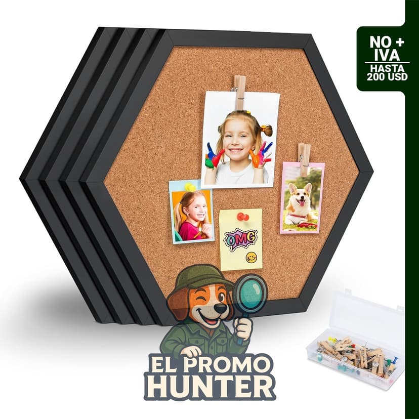 Paquete de 4 tableros de corcho hexagonales con marco, adecuados para decoración en oficina, escuela y hogar.