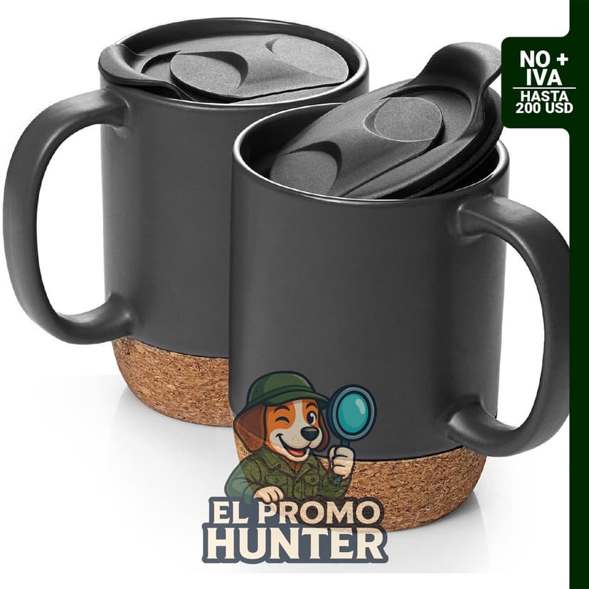 Juego de 2 tazas de cerámica DOWAN de 444 ml con tapa y base de corcho.