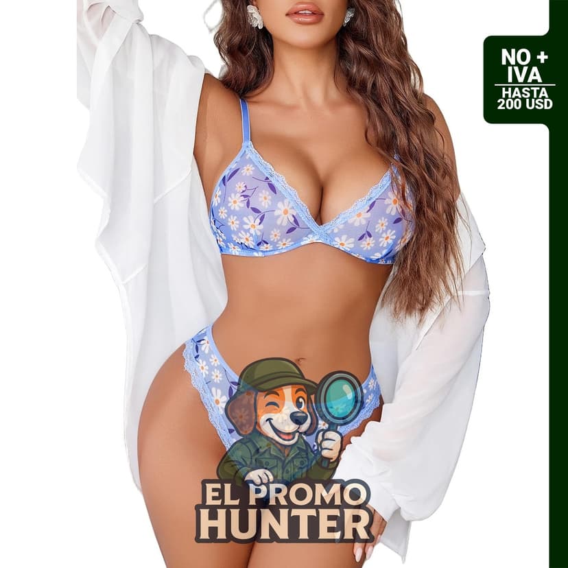 Avidlove Conjunto de Lencería de Encaje sin Aros, incluye brasier y calzones con estampado floral.