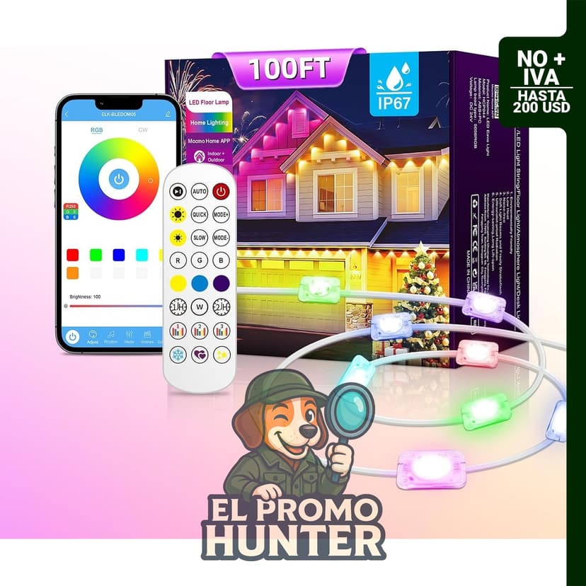 AHAWILL Luces RGB Permanentes para Exteriores, 30,5 m, impermeabilidad IP67, control remoto y aplicación.