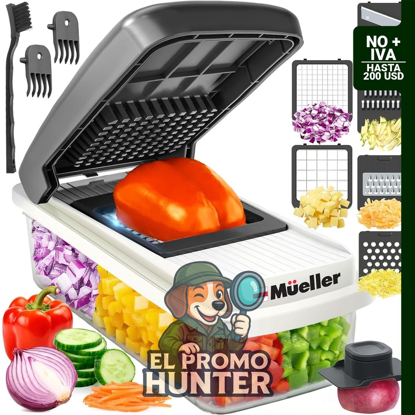 Mueller Cortador de verduras mandolina con 6 cuchillas y recipiente, multiuso para picar y rallar.