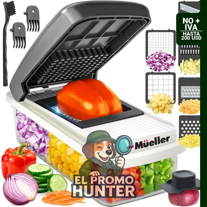Mueller Cortador de verduras mandolina con 6 cuchillas y recipiente, multiuso para picar y rallar.