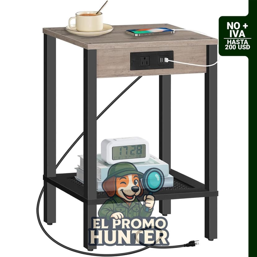 HOOBRO mesa auxiliar con estación de carga, puertos USB y tomacorriente, estante de almacenamiento en ratán sintético.