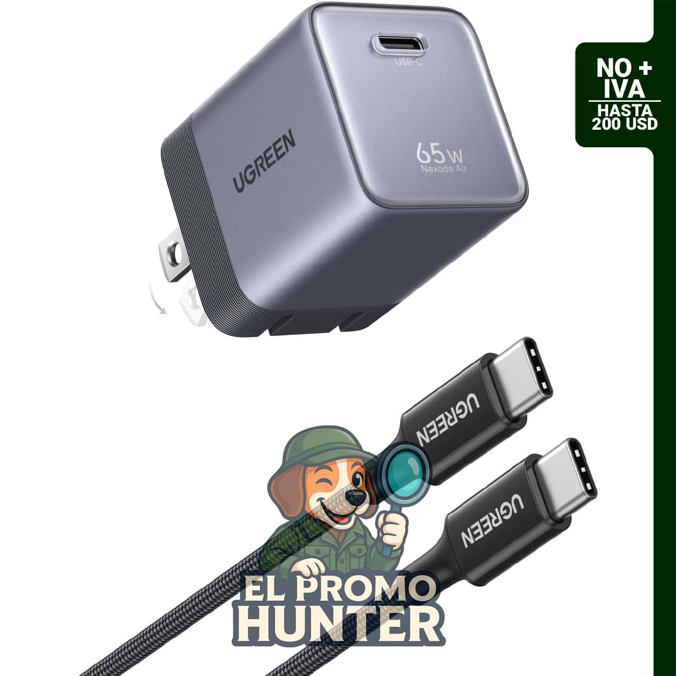 UGREEN Nexode Air, cargador USB C de 65 W, mini cargador plegable con cable USB C, compatible con MacBook, iPhone y Galaxy.