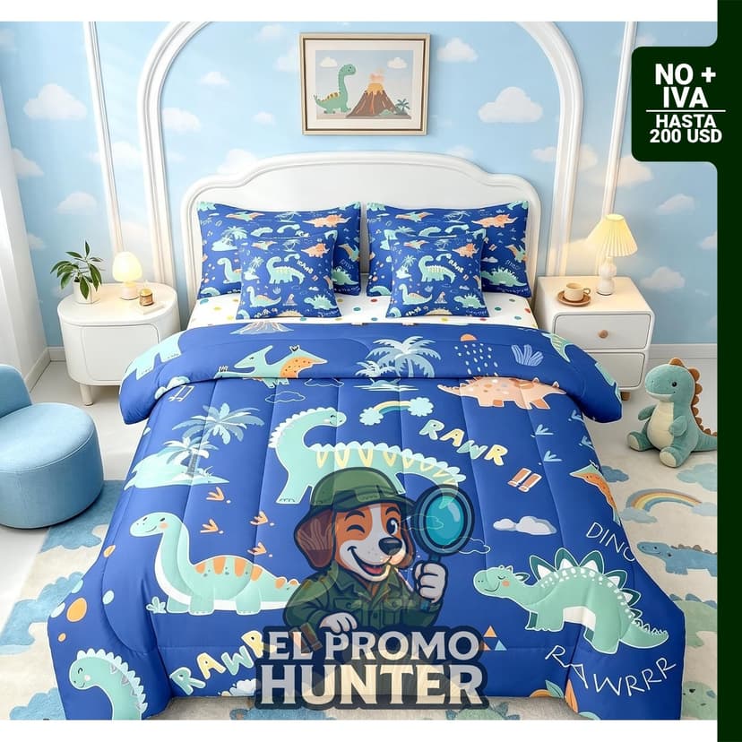 Feelyou juego de ropa de cama infantil de 7 piezas con diseño de dinosaurios, incluye sábanas y bolsa de almacenamiento.