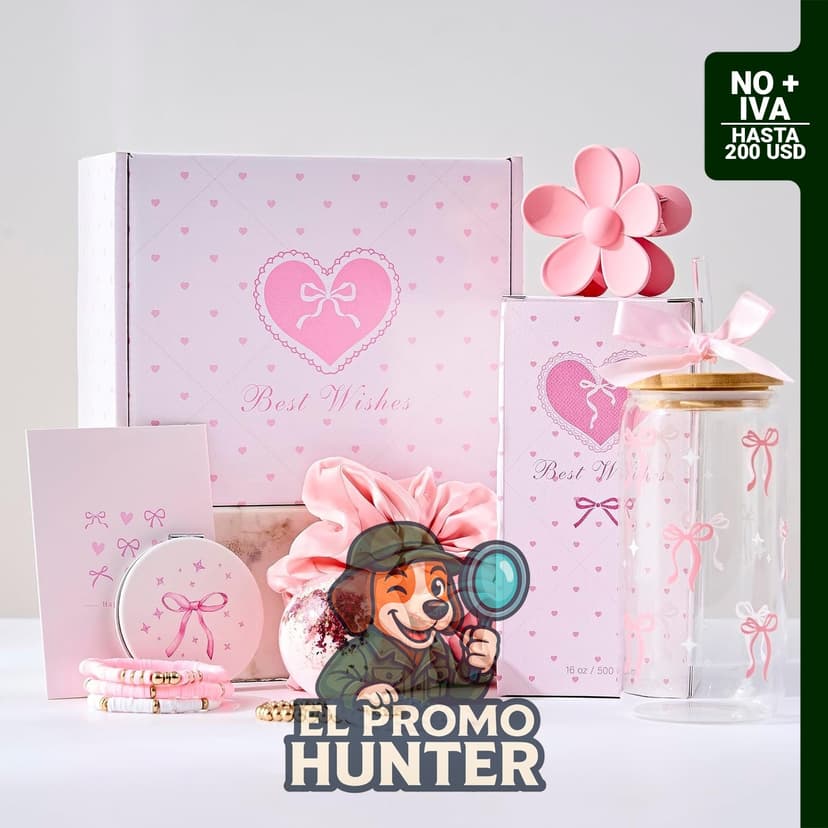Juego de tazas de vidrio con lazo rosa, ideal para cestas de regalo de cumpleaños.