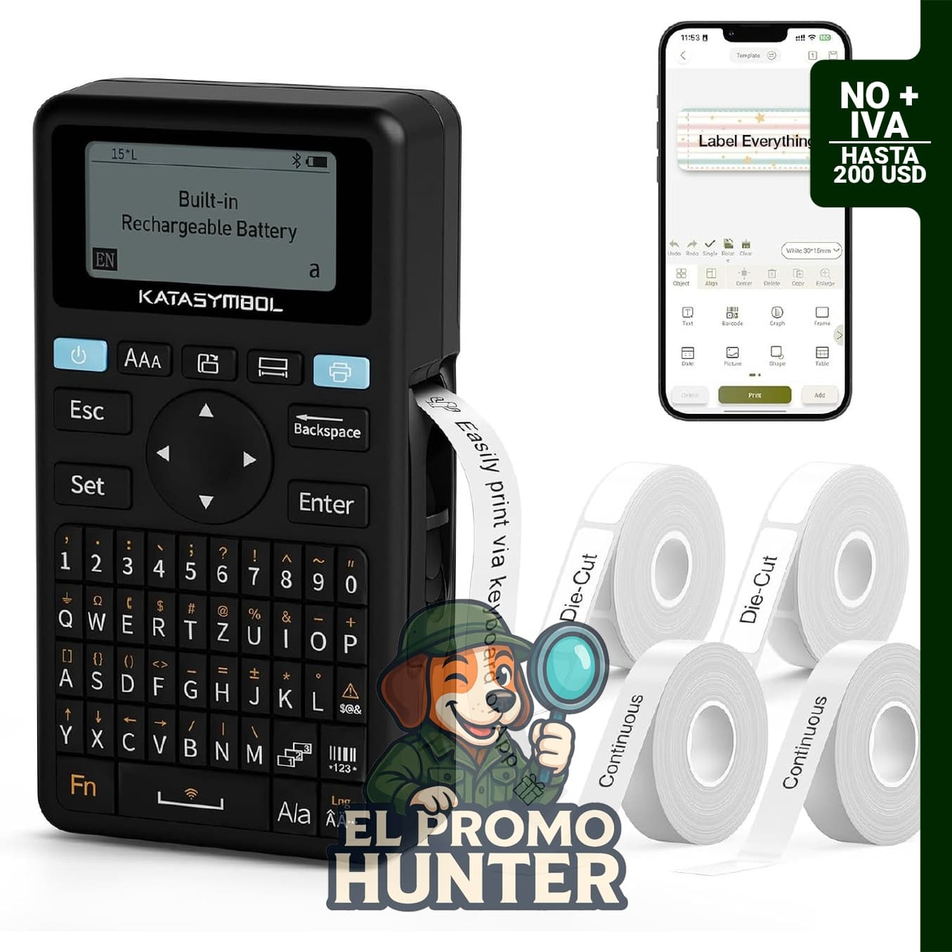 SUPVAN E11 Máquina etiquetadora con teclado y Bluetooth, incluye 4 cintas.
