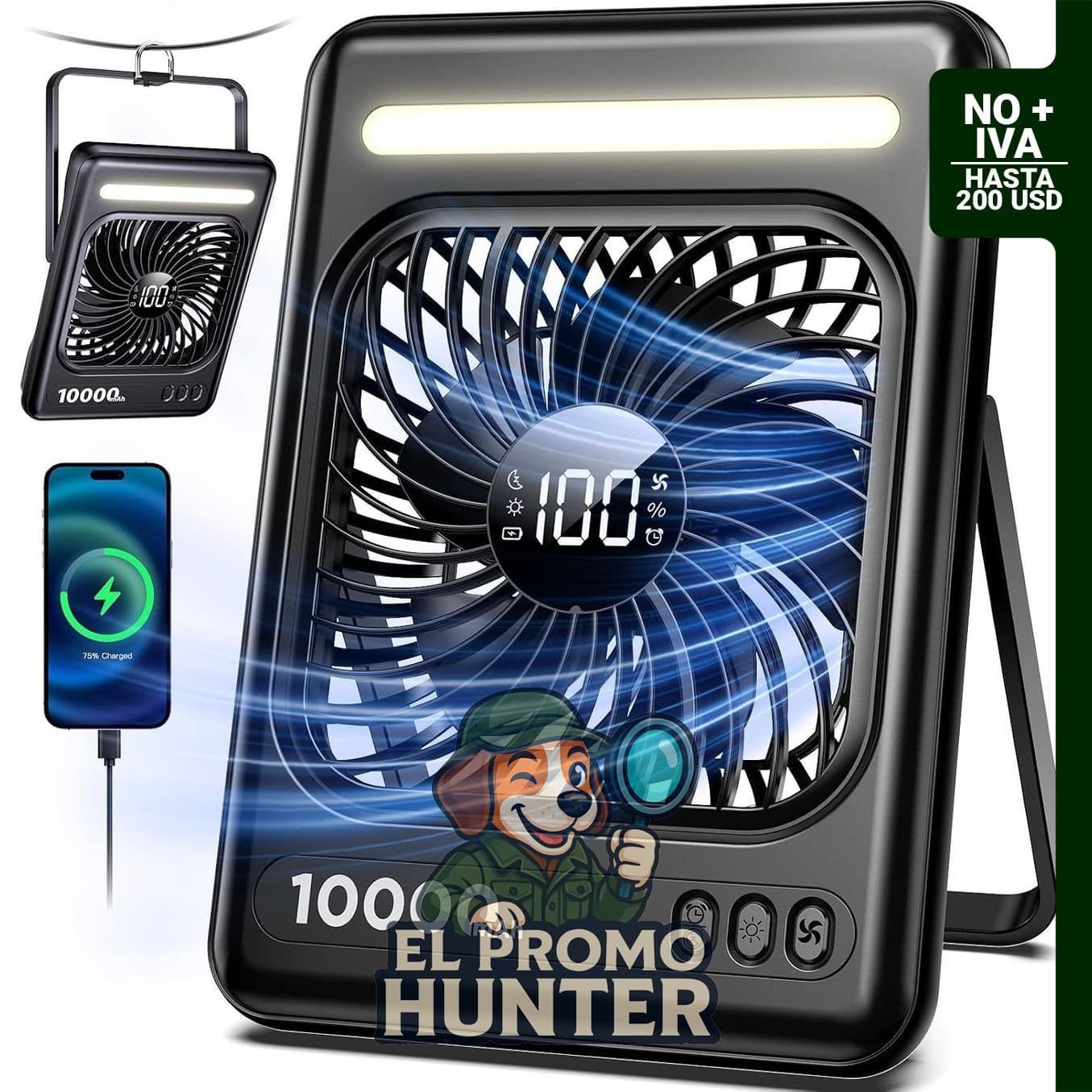 Ventilador portátil Untisu de 10000 mAh, 5 velocidades, con linterna LED y temporizador de 2/4/6 horas.