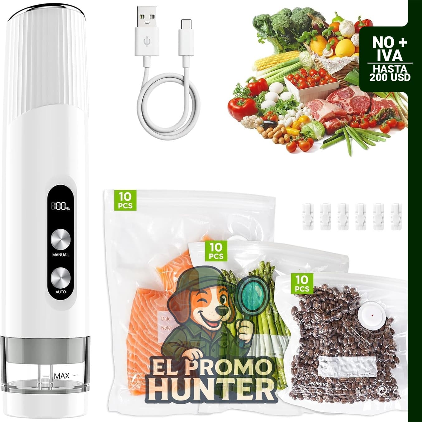Sellador al vacío compacto para alimentos, máquina selladora al vacío de mano inalámbrica, incluye 30 bolsas reutilizables y batería recargable de 1800 mAh.