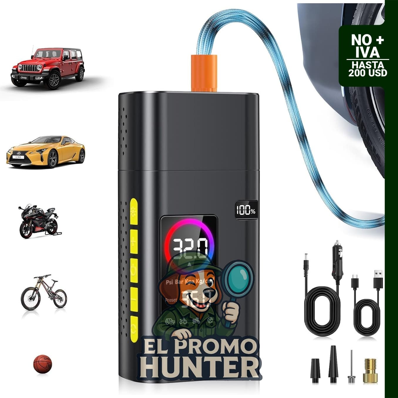 Inflador de neumáticos portátil de 180 psi, compresor de aire de 26000 mAh con medidor de presión LCD y luz LED.