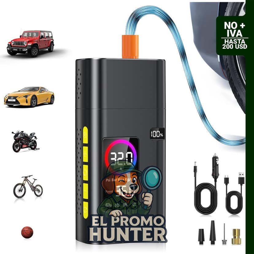 Inflador de neumáticos portátil de 180 psi, compresor de aire de 26000 mAh con medidor de presión LCD y luz LED.