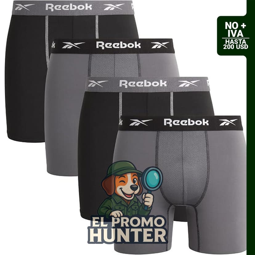 Reebok Calzoncillos tipo bóxer para hombre, paquete de 4 unidades. Tejido elástico que absorbe la humedad, sin bolsa de mosca, cintura sin etiquetas.