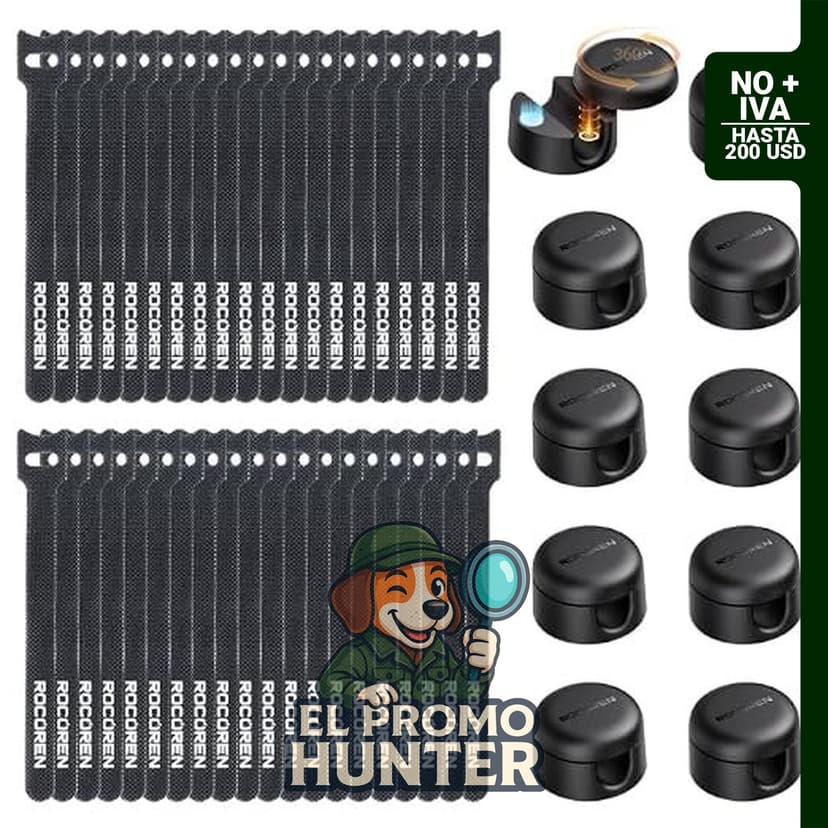 Rocoren kit de organización de cables con 10 clips magnéticos y 40 correas de velcro reutilizables.