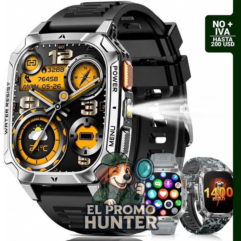 Reloj inteligente Mingdaln militar de 1400 mAh con linterna LED y pantalla de 2.01 pulgadas, rastreador de actividad.
