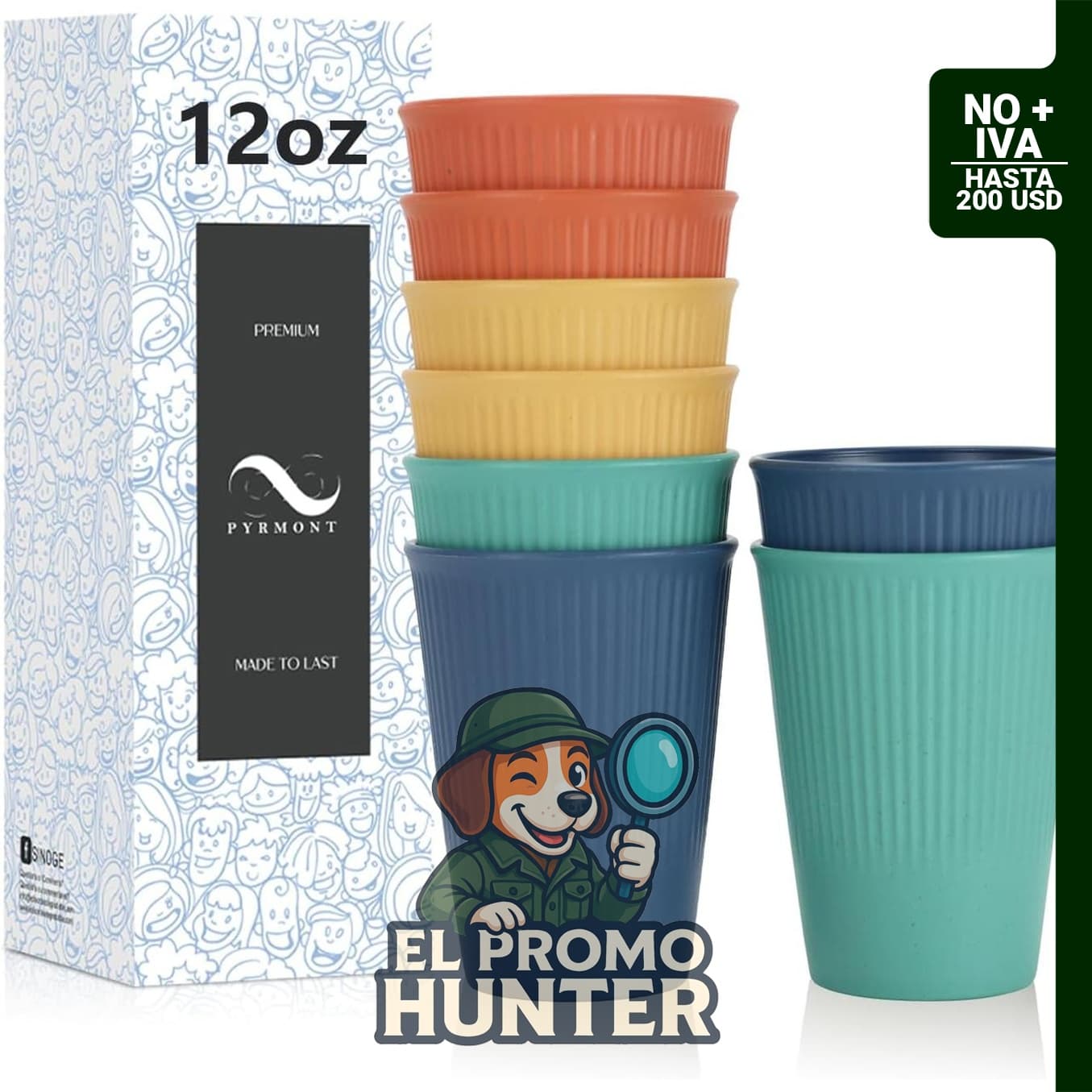 PYRMONT Vasos de Paja de Trigo, paquete de 8 vasos de plástico reutilizables de 12 oz (355 ml), irrompibles.