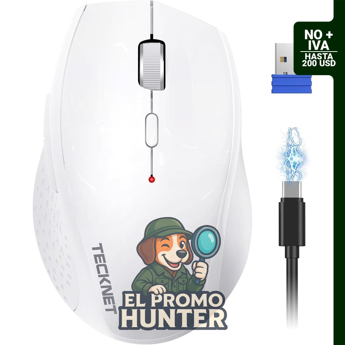 TECKNET Ratón recargable ergonómico de 2.4 GHz con 6 botones y 6400 DPI.