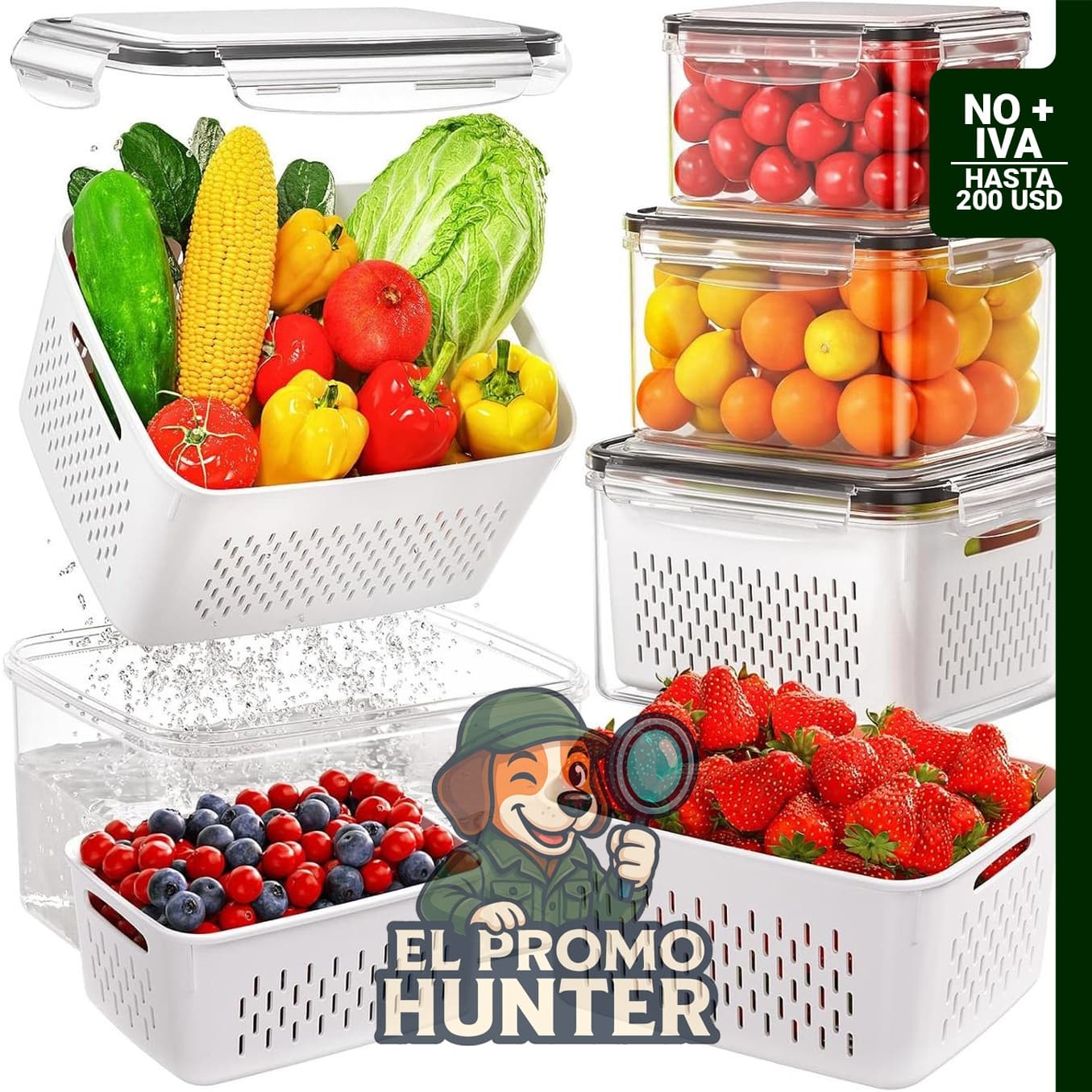 Contenedores de almacenamiento de frutas para refrigerador, 4 piezas, con colador removible y tazón de lavado.