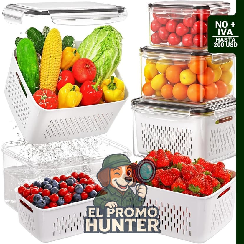 Contenedores de almacenamiento de frutas para refrigerador, 4 piezas, con colador removible y tazón de lavado.