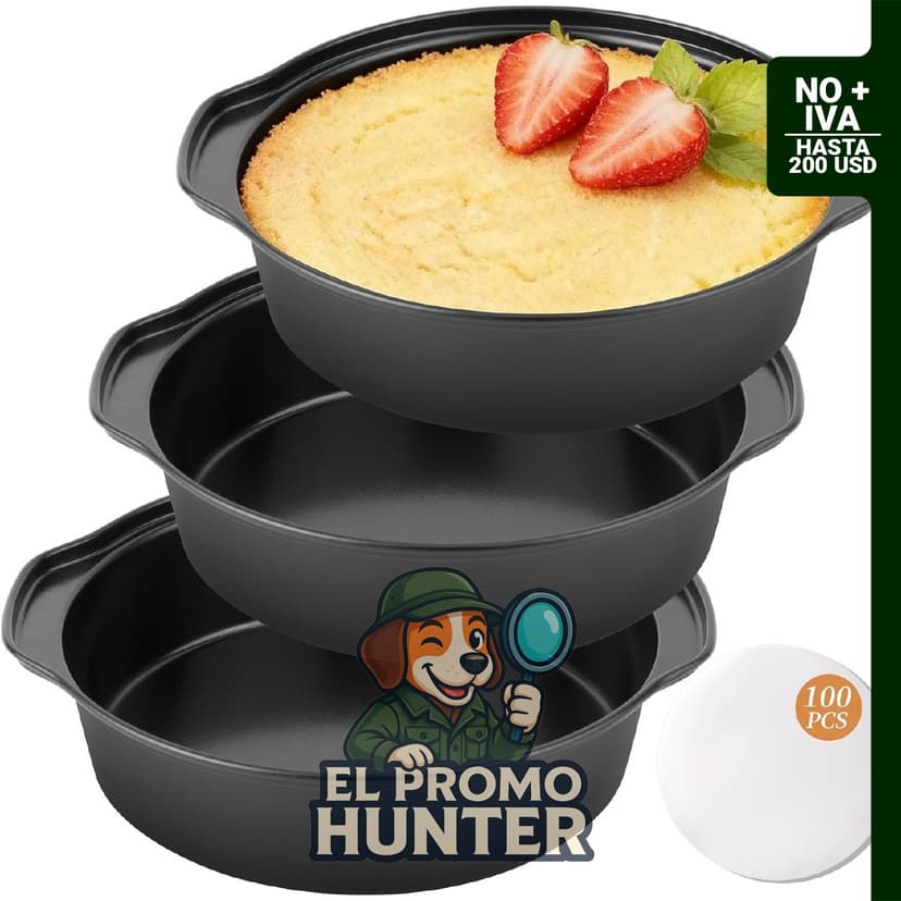 BEWOS Juego de moldes para pasteles de 6 pulgadas, incluye 3 moldes redondos de acero al carbono y 100 piezas de papel pergamino.