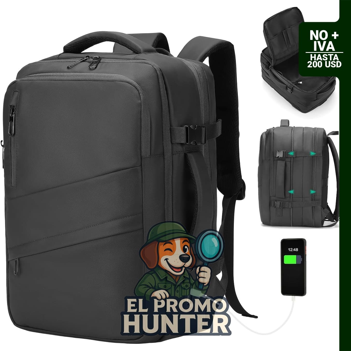 Mochila de viaje expandible para artículos, diseñada para transportar laptops y accesorios.
