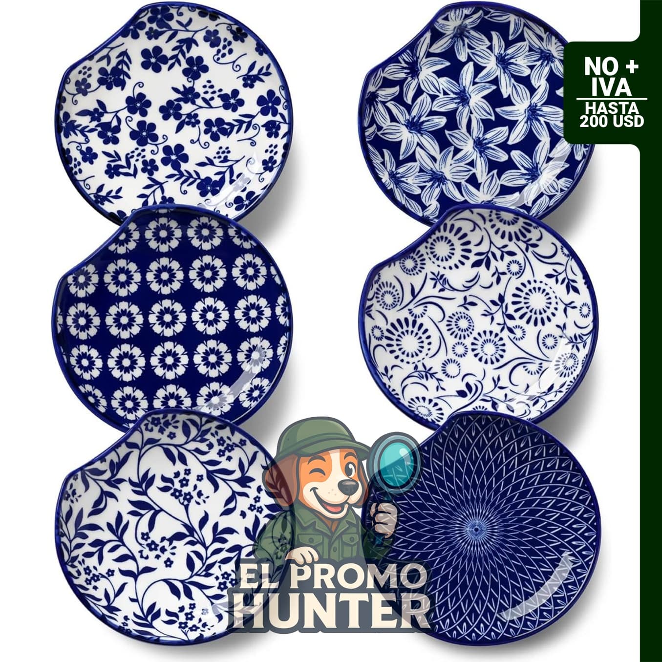 Juego de 6 soportes de cucharas de cerámica, 12.2 cm, azul y blanco, estilo granja, resistente al calor.