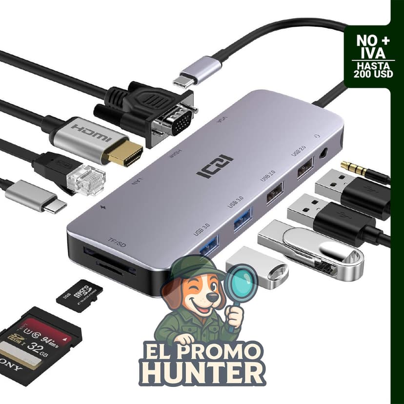 ICZI Hub USB C, adaptador multipuerto 11 en 1 con HDMI, VGA, Ethernet, lector de tarjetas SD/TF y 4 puertos USB.