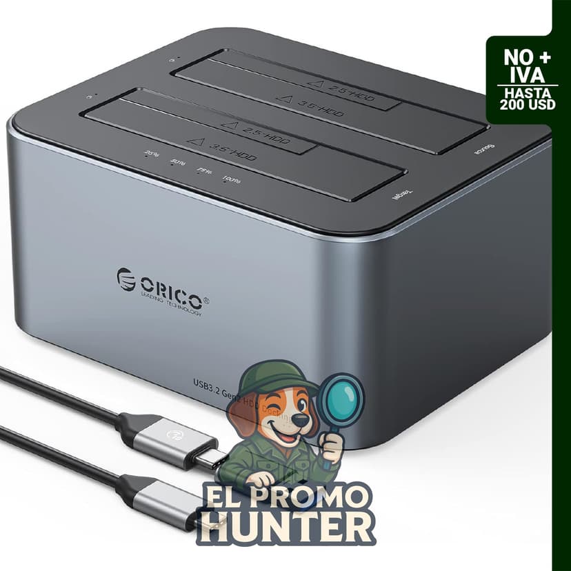 Estación de acoplamiento ORICO para disco duro, aleación de aluminio, doble bahía USB C a SATA, compatible con discos de 2.5 y 3.5 pulgadas.