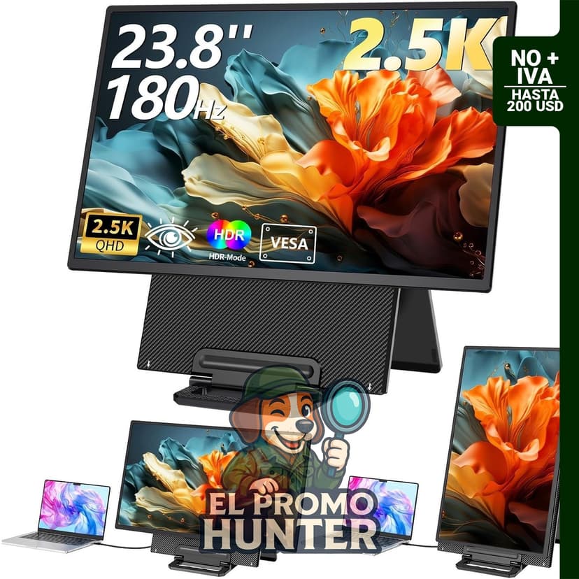 Monitor portátil PIPOPAD de 23.8" (60.4 cm) 2.5K QHD 1440P 180Hz, con soporte giratorio ajustable y conectividad USB-C/Type-C/USB-A/HDMI.