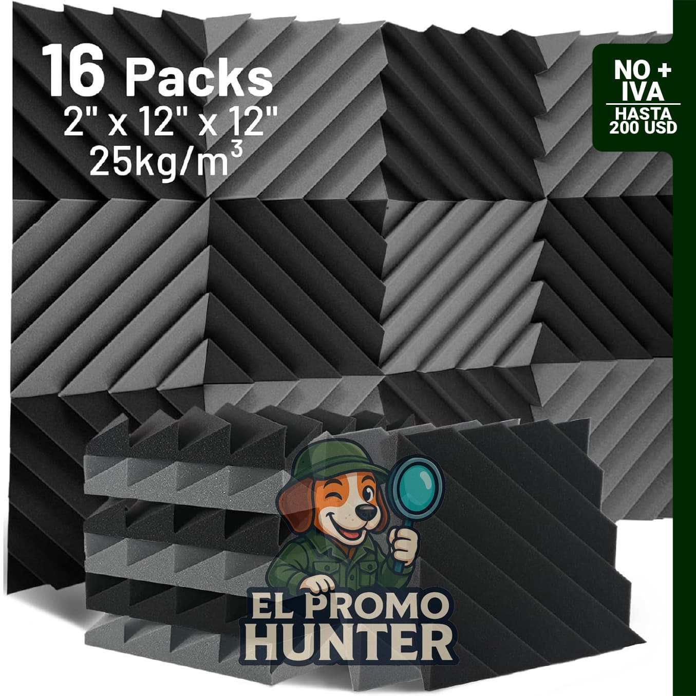 Focusound Paquete de 16 paneles de espuma acústica de 2 x 12 x 12 pulgadas para pared, alta densidad.