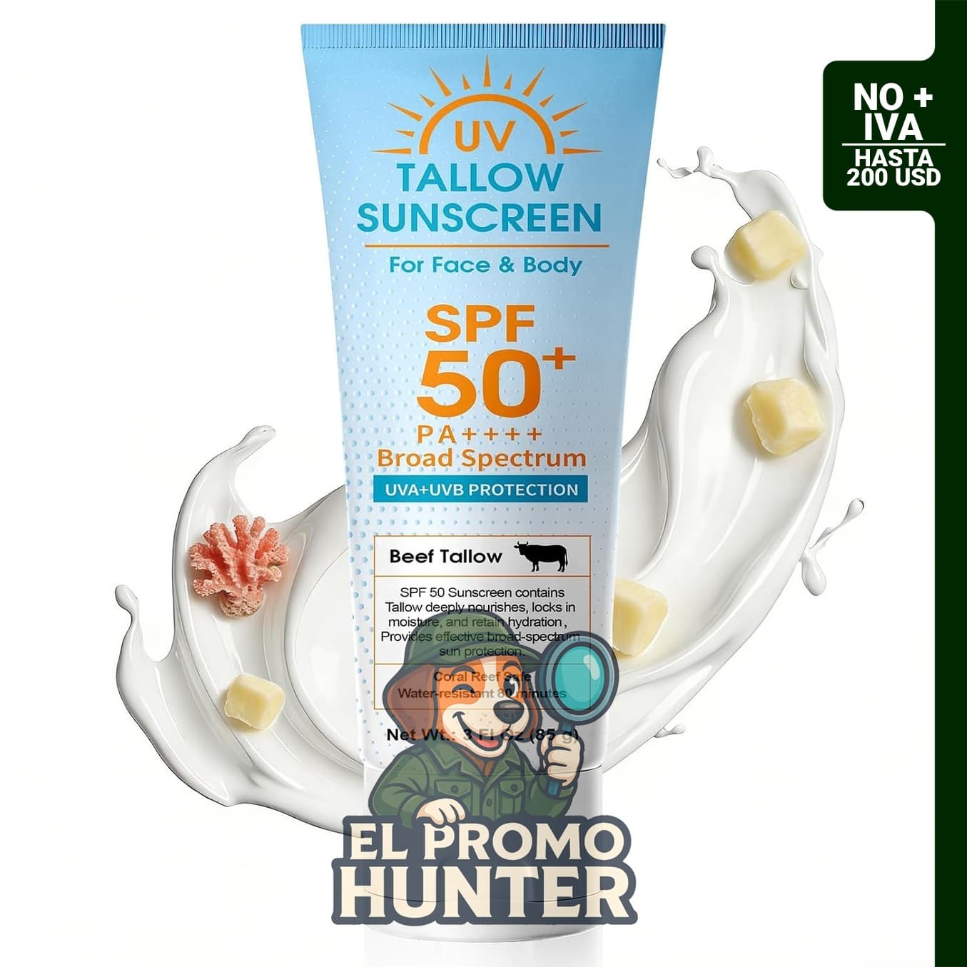 Protector solar SPF 50, loción mineral con óxido de zinc no nano, resistente al agua y seguro para arrecifes.